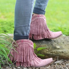 Load image into Gallery viewer, Women Slip On Retro Square Heel Solid Color Suede Boots Point Toe Tassel Shoes