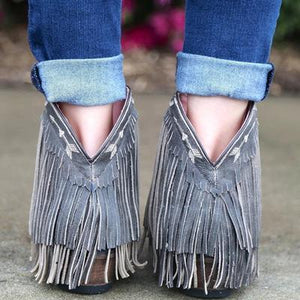 Women Slip On Retro Square Heel Solid Color Suede Boots Point Toe Tassel Shoes