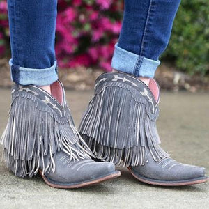 Women Slip On Retro Square Heel Solid Color Suede Boots Point Toe Tassel Shoes