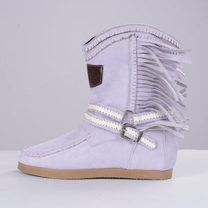 Fringe Midden Laarzen Vrouwen Sexy Kwastje Laarzen Mode Gesp Motorlaarzen Platte Hak Laars Vrouwen Cowboy Stijl  Boot