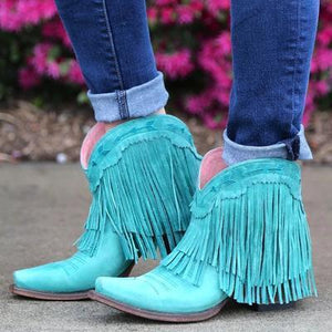 Women Slip On Retro Square Heel Solid Color Suede Boots Point Toe Tassel Shoes