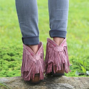 Women Slip On Retro Square Heel Solid Color Suede Boots Point Toe Tassel Shoes