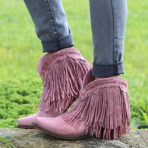 Women Slip On Retro Square Heel Solid Color Suede Boots Point Toe Tassel Shoes