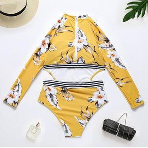 Yellow Print Floral One Piece Swimsuit Long Sleeve Swimwear Women Bathing Suit Retro Swimsuit  One-piece Surfing SwimSuits