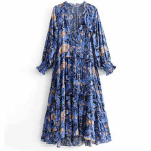 Load image into Gallery viewer, print frill dress women tiers V-neck long sleeve dress autumn  new boho dress