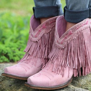 Women Slip On Retro Square Heel Solid Color Suede Boots Point Toe Tassel Shoes