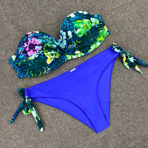 Printed Flowers Sexy Solid Color Bikini Women Swimwear Bandeau Biquini Swimsuit Female Bathing Suit Push Up Bikini Set Beachwear