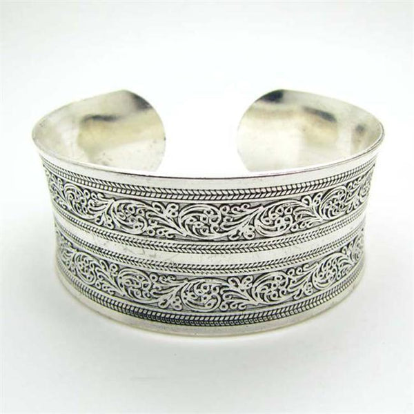 1PCS Women Vintage Bracelets Wide Lucky Flower Printing Tibet Silver Plated Totem Cuff Bracelets Bangles