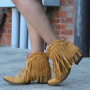 Women Slip On Retro Square Heel Solid Color Suede Boots Point Toe Tassel Shoes