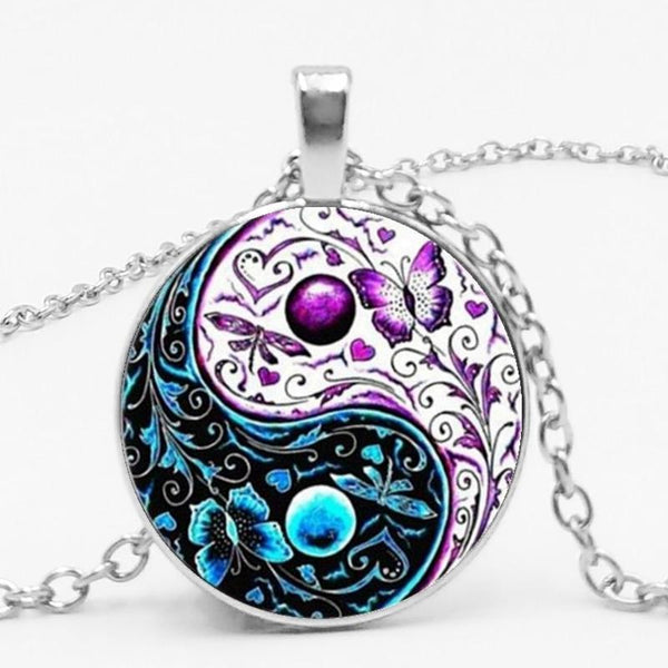 3 Colors Tibet  Cabochon Glass Pendant Chain Necklace Ying Yang Butterfly Gifts