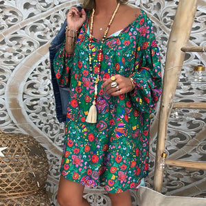 Women's Summer Boho Vintage Floral Print Deep V Neck Beach Mini Dresses