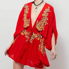 Load image into Gallery viewer, Boho Sexy Embroidered Deep V-neck Drawstring Long Sleeve Mini Dress