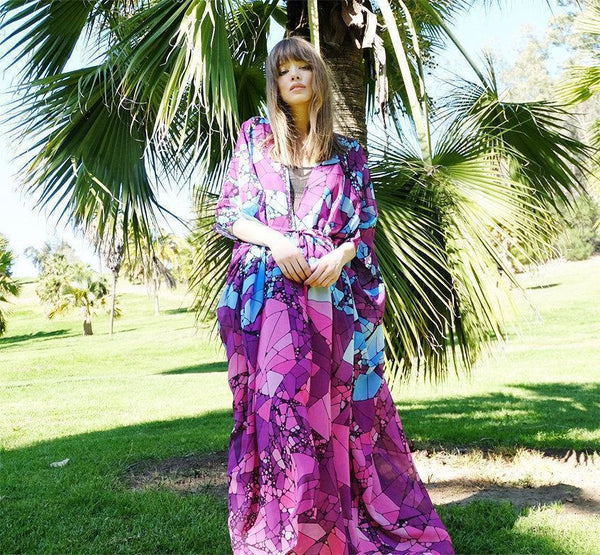 Floral Purple Chiffon Batwing Sleeve Beach Kimono With Belt Dress Cover-up