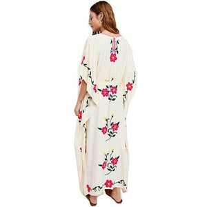 Boho Floral Embroidered V-neck Tassel Batwing Long Sleeve Maxi Kaftans Dress