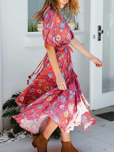 Exotic Floral Print V-neck Long Summer Kimono Sleeve Women Dress