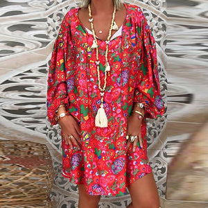 Women's Summer Boho Vintage Floral Print Deep V Neck Beach Mini Dresses