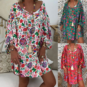 Women's Summer Boho Vintage Floral Print Deep V Neck Beach Mini Dresses
