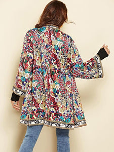 Ethnic Floral Spring Long Sleeve Side Split Casual Outerwear Retro Long Cardigan Jacket