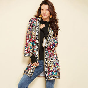 Ethnic Floral Spring Long Sleeve Side Split Casual Outerwear Retro Long Cardigan Jacket