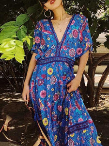 Exotic Floral Print V-neck Long Summer Kimono Sleeve Women Dress