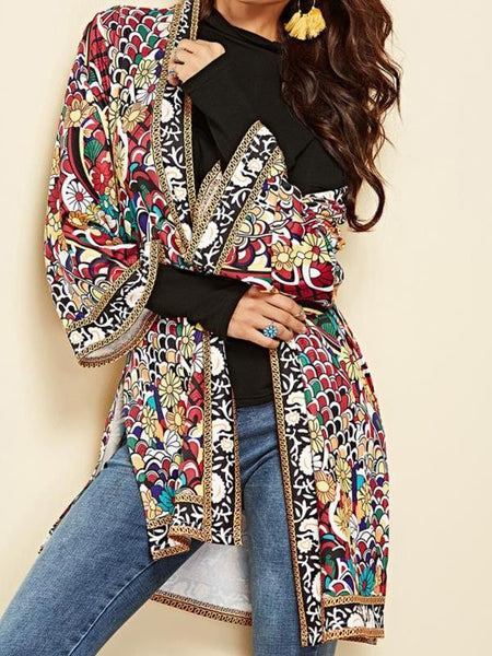 Ethnic Floral Spring Long Sleeve Side Split Casual Outerwear Retro Long Cardigan Jacket