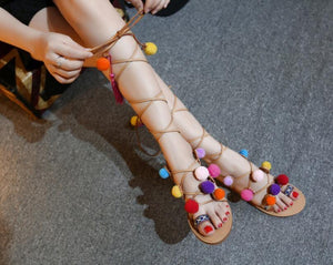 Bohemia Gladiator Tassel Ball Fuzz Strap Pom Summer Women Flat Sandals
