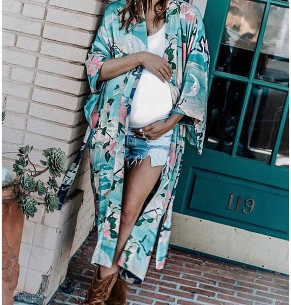 Women Long wrap Belt Ties Front Beach Floral Kimono Swimwear Cover Ups