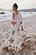 Load image into Gallery viewer, Boho Floral Embroidered V-neck Tassel Batwing Long Sleeve Maxi Kaftans Dress