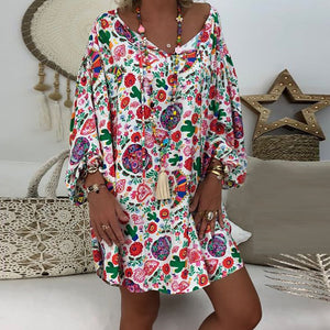 Women's Summer Boho Vintage Floral Print Deep V Neck Beach Mini Dresses