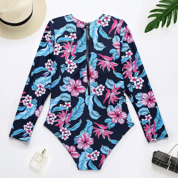 Print Floral One Piece Swimsuit Long Sleeve Swimwear Women Bathing Suit Retro Swimsuit Vintage One-piece Surfing Swim Suits