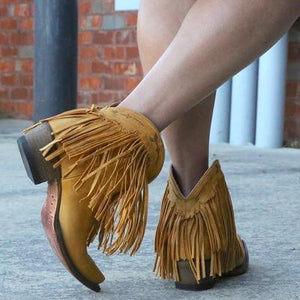 Women Slip On Retro Square Heel Solid Color Suede Boots Point Toe Tassel Shoes