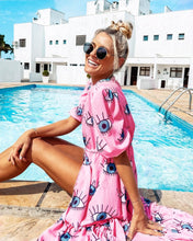 Load image into Gallery viewer, Wrinkle-free Pink Eyes Chiffon Dresses Sexy Short Sleeve 2021 Summer Beach Dress Women Beach Wear Swim Suit Cover Up D1