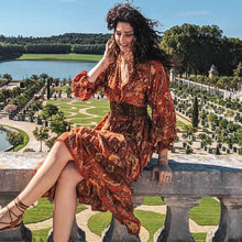 Load image into Gallery viewer, print frill dress women tiers V-neck long sleeve dress autumn  new boho dress