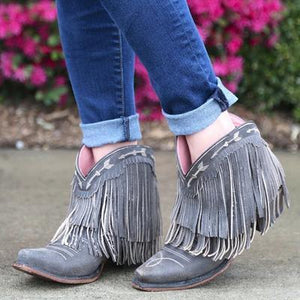 Women Slip On Retro Square Heel Solid Color Suede Boots Point Toe Tassel Shoes