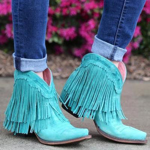 Women Slip On Retro Square Heel Solid Color Suede Boots Point Toe Tassel Shoes