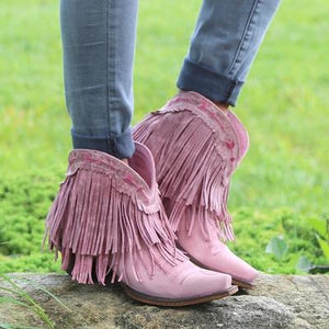 Women Slip On Retro Square Heel Solid Color Suede Boots Point Toe Tassel Shoes