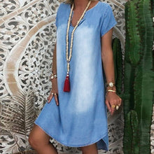Load image into Gallery viewer, Women Short Sleeve V Neck Denim Jean Dress