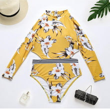Load image into Gallery viewer, Yellow Print Floral One Piece Swimsuit Long Sleeve Swimwear Women Bathing Suit Retro Swimsuit  One-piece Surfing SwimSuits