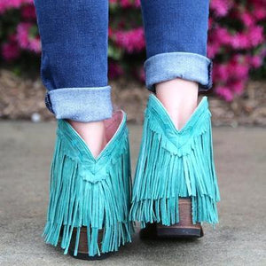 Women Slip On Retro Square Heel Solid Color Suede Boots Point Toe Tassel Shoes