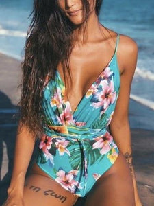Solid Color Sexy Deep V One Piece Swimsuit  Backless Bodysuit Monokini Swimwear