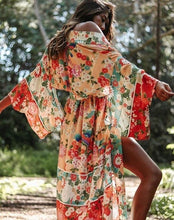 Load image into Gallery viewer, Boho Patchwork Maxi Floral Print Long Batwing Sleeve Belt Cover-up