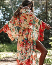 Load image into Gallery viewer, Boho Patchwork Maxi Floral Print Long Batwing Sleeve Belt Cover-up