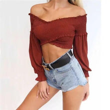 Load image into Gallery viewer, 7 Colors Off-the-shoulder Fashion Umbilical Slim Long-sleeved T-shirt Solid Color Top