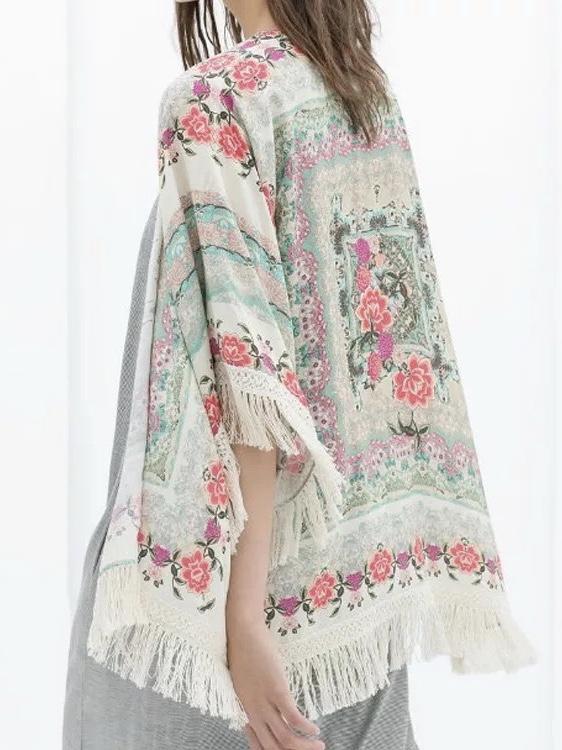 Summer And Autumn Bat Sleeves Chiffon Print Shawl Tassel Cardigan Top