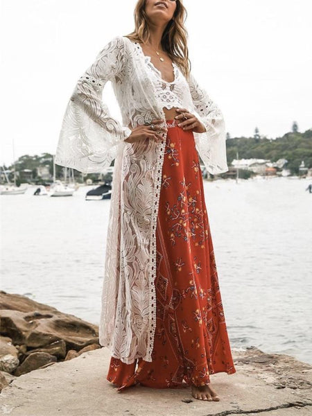 White Fashion Sexy Mesh Lace V Neck Beach Maxi Cover-up