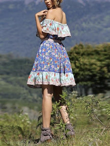 Blue Off-the-shoulder Bohemia Mini Chiffon Floral Print Dress Beach Style Vacation Dress