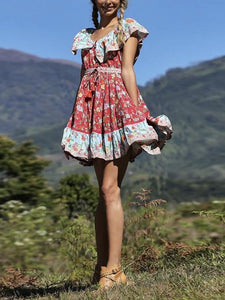 Off-the-shoulder Bohemia Mini Chiffon Floral Print Dress Beach Style Vacation Dress