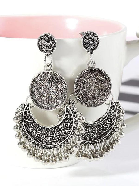 3 Colors Bohemian Indian Antique Moon Shape Carved Flower Tassels Earrings