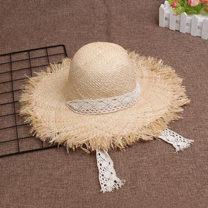 Lace strap straw hat bow wide grass female summer cap beach visor outdoor holiday beach sun protection hat Collapsible