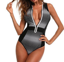 Load image into Gallery viewer, Vintage Black and White Pattern Swimsuit Monokini One Piece Swimwear With Zip